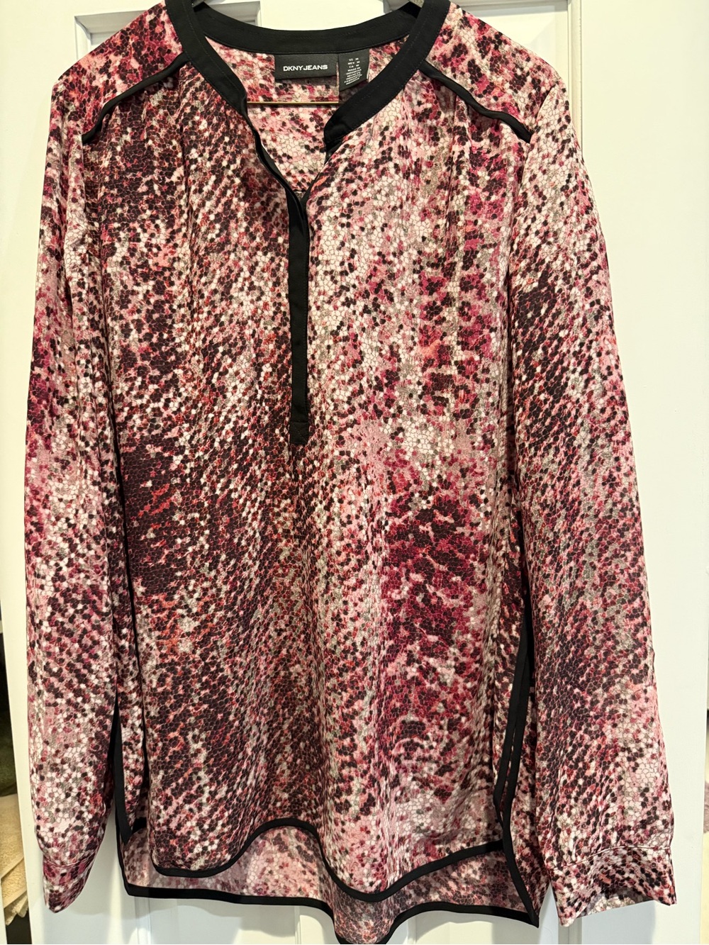 DKNY Pink Patterned Long Sleeve Blouse, Size Medium